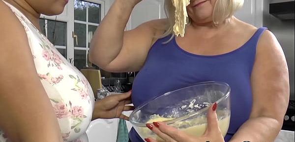  Lesbian GILF and her busty friend get messed up with food